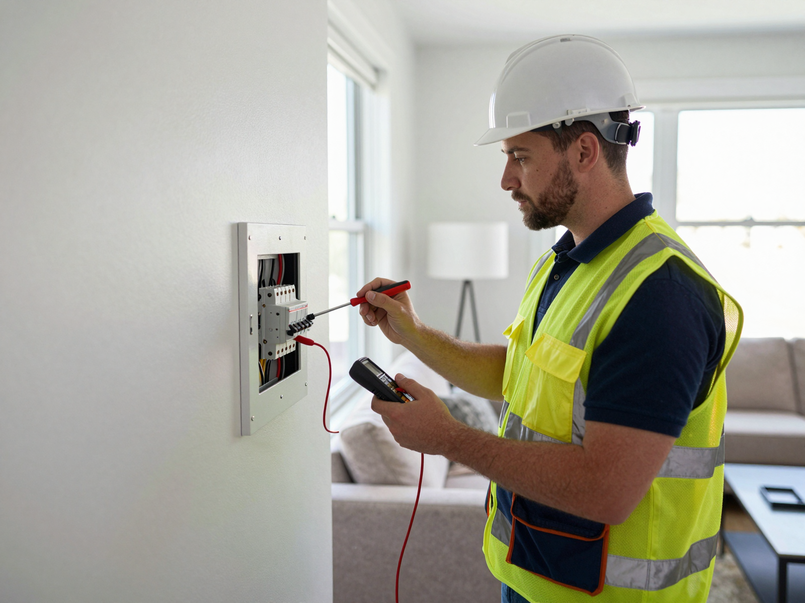 Electrician performing electrical repair in residential home